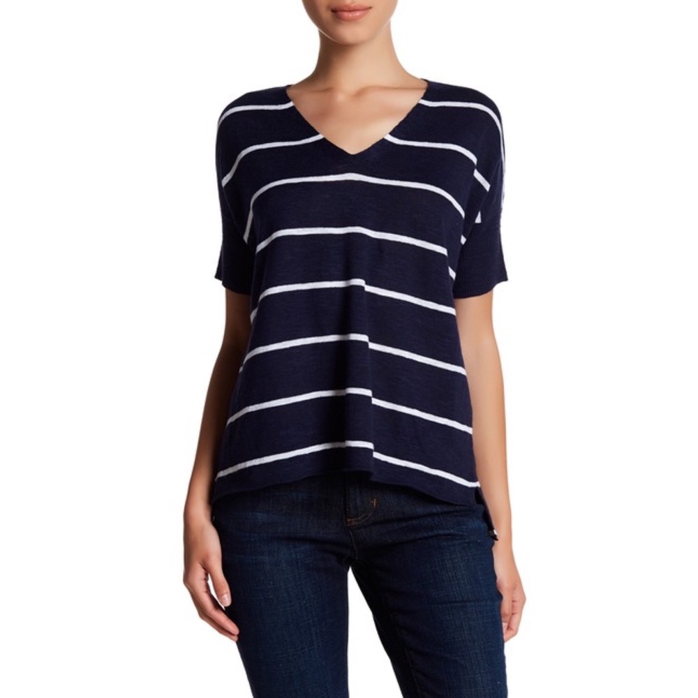 Eileen Fisher Navy White Striped V-Neck Linen Top